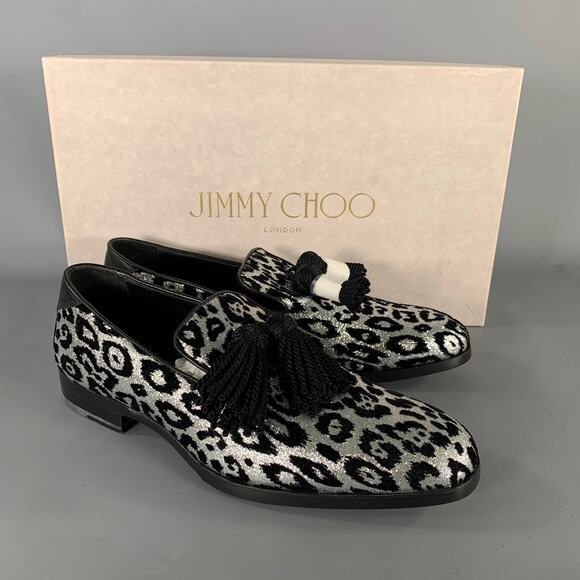 JIMMY CHOO Size 7 Silver Black Medusa Jacquard Tassels Loafers main image 4